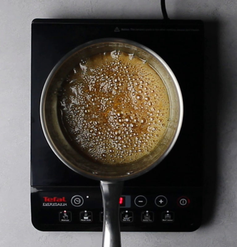 Amber Caramel cooking in a saucepan