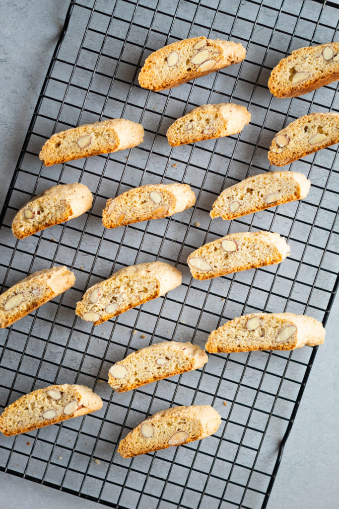 Chocolate almond biscotti on cooling rack from above