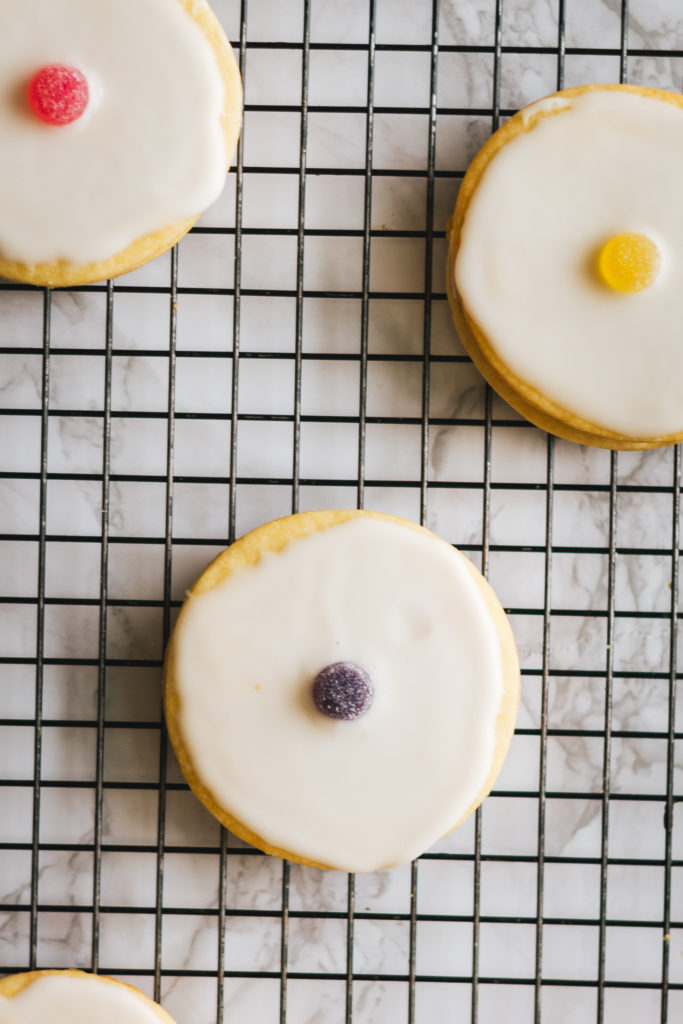 Close up of Empire Biscuits on a cooling rack