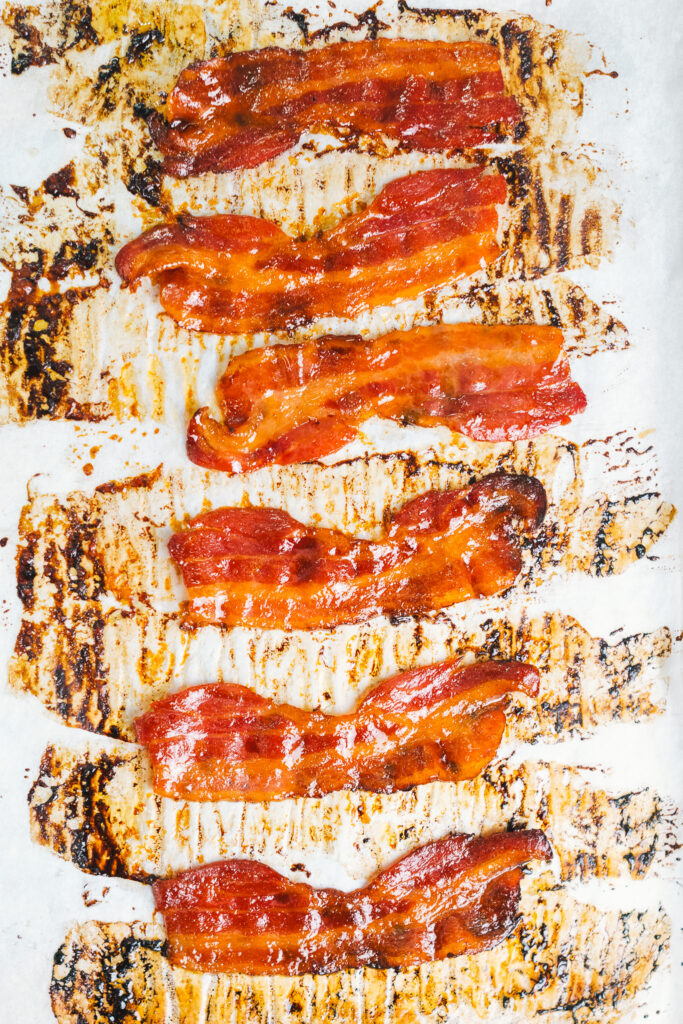 Maple Sriracha bacon on a baking tray