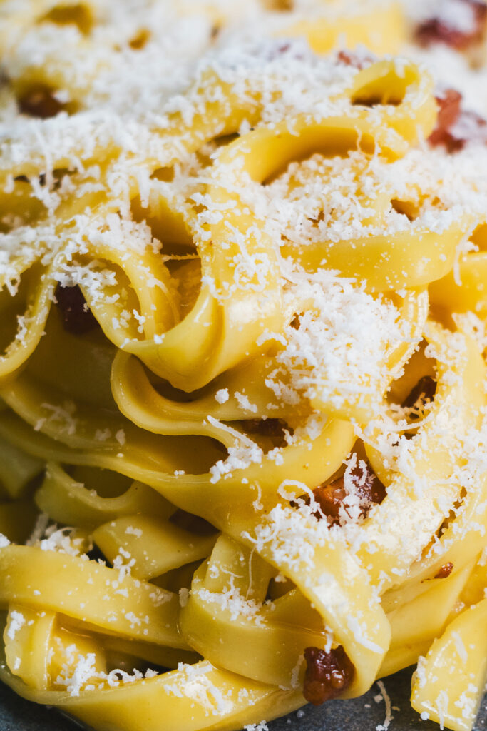 Close up of Tagliatelle Carbonara