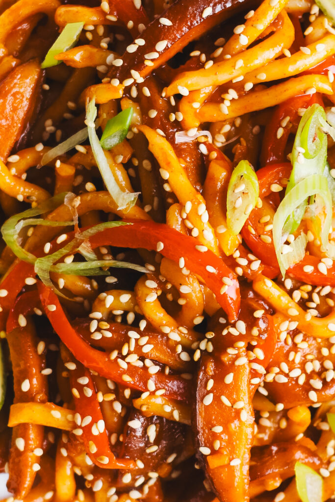 Close up of Gochujang noodles in a bowl