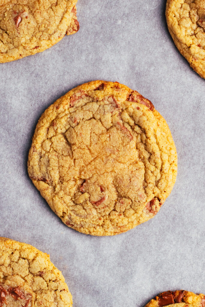 Close up of chocolate chip oat flour cookie