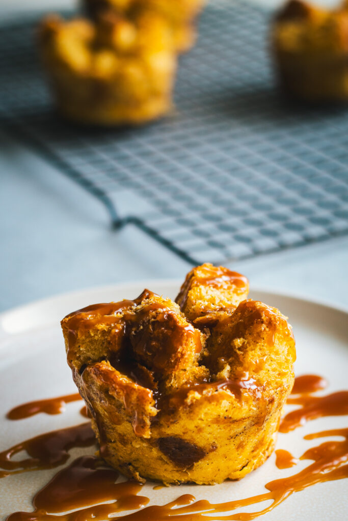 Bread Pudding topped with caramel sauce