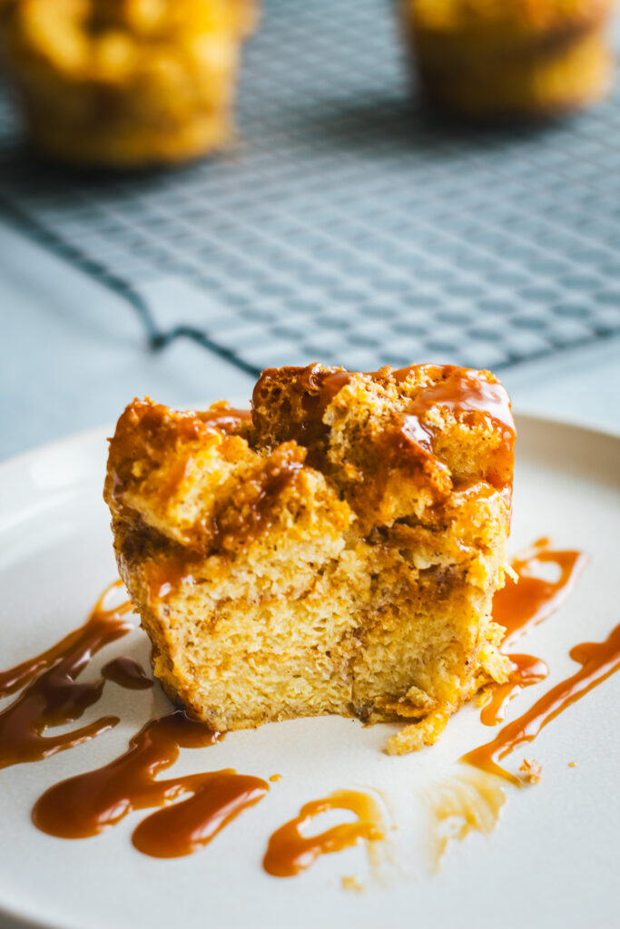 Bread pudding cut open to show inner crumb