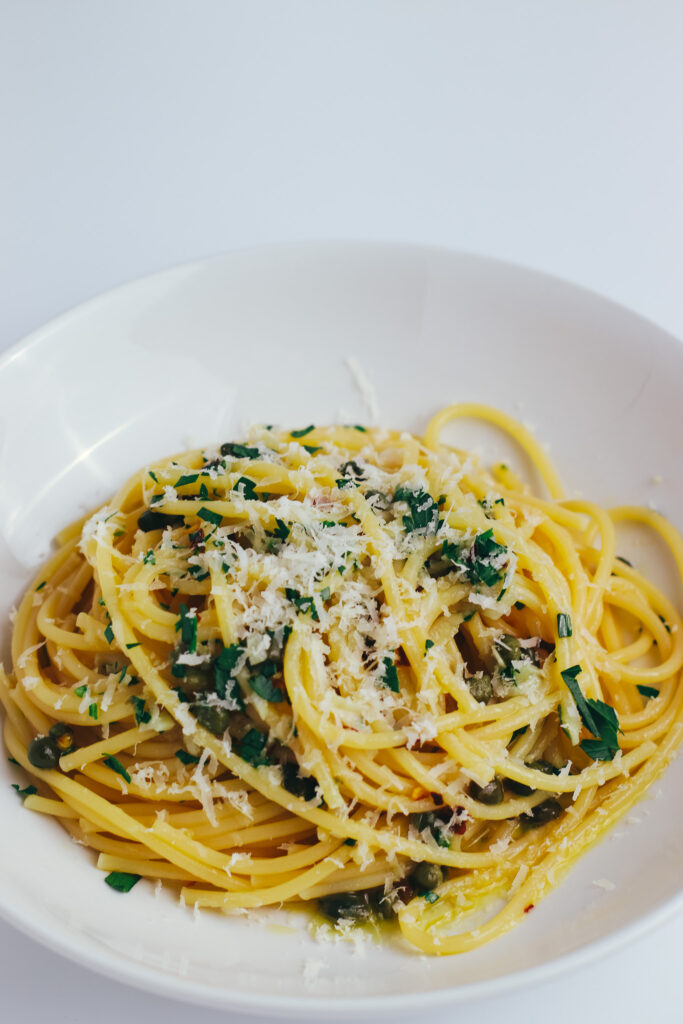 lemon caper pasta in a bowl