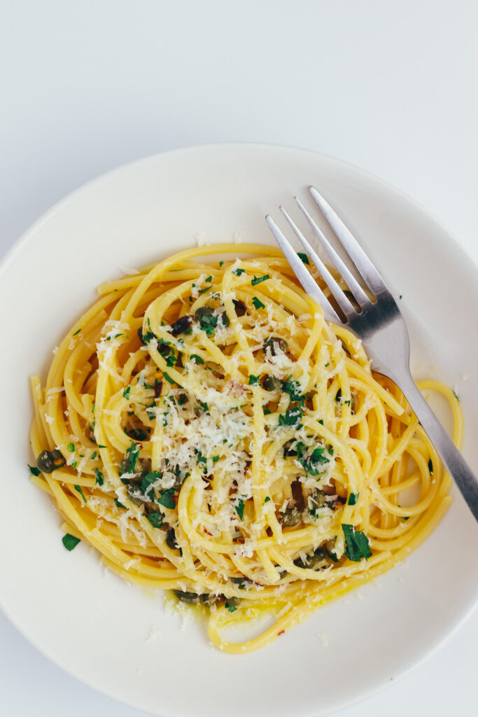 lemon caper pasta in a bowl