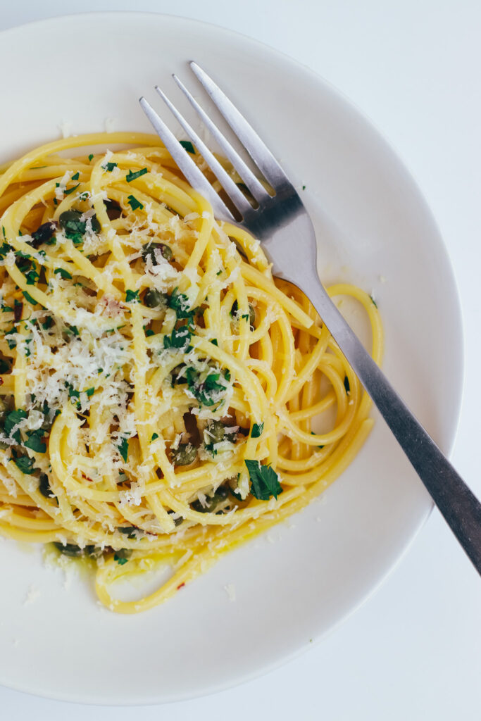 lemon caper pasta in a bowl