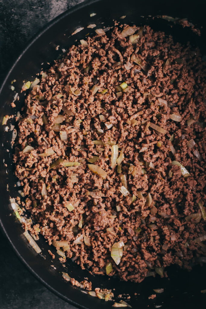 Browned mince in a dutch oven pot