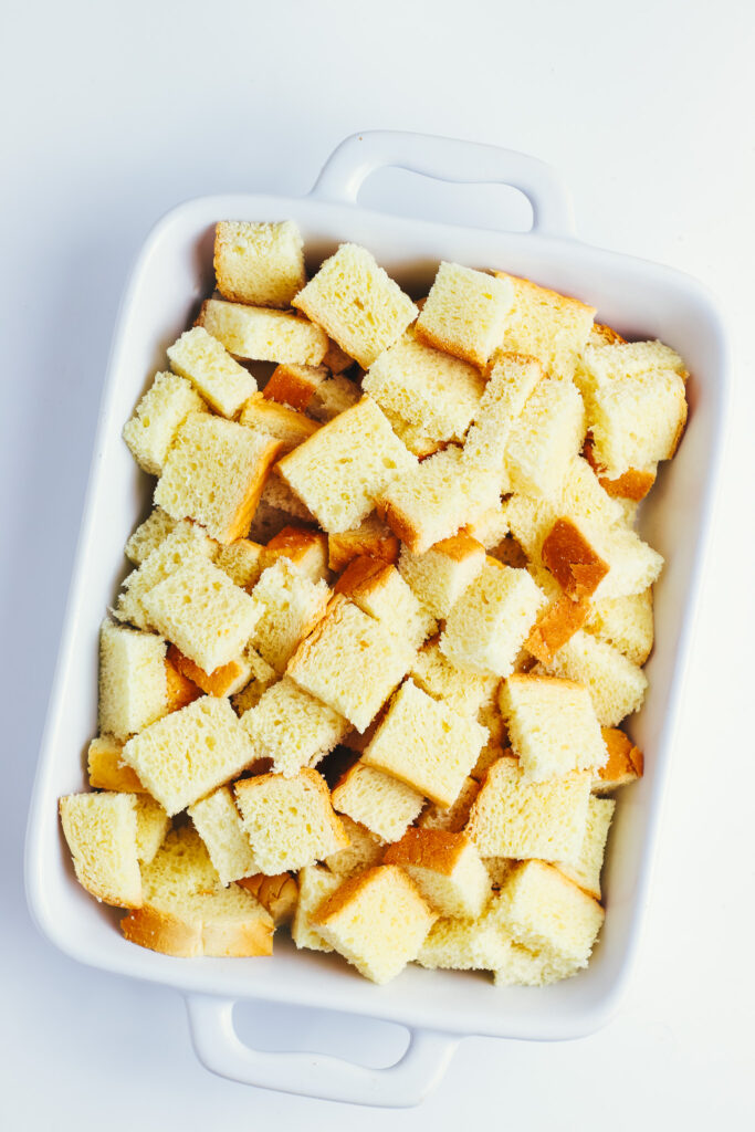 Cubes of brioche bread in a serving dish