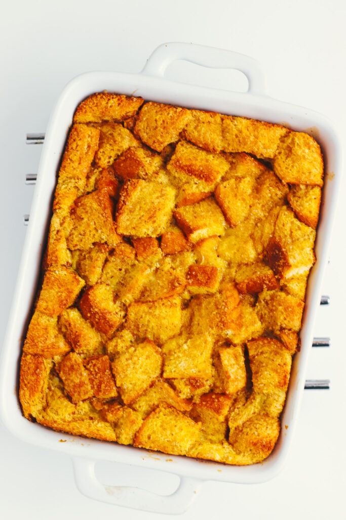 Baked brioche french toast casserole in a baking dish