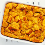 Baked brioche french toast casserole in a baking dish