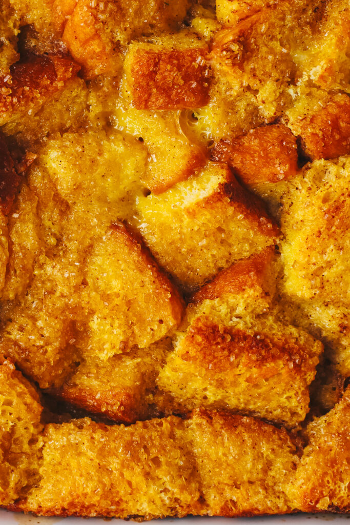 Close up of baked french toast brioche casserole