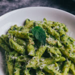 Plate of tuna pesto pasta