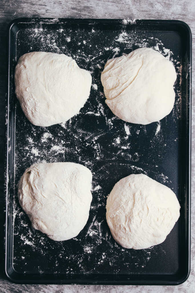 Ciabatta dough on a baking tray