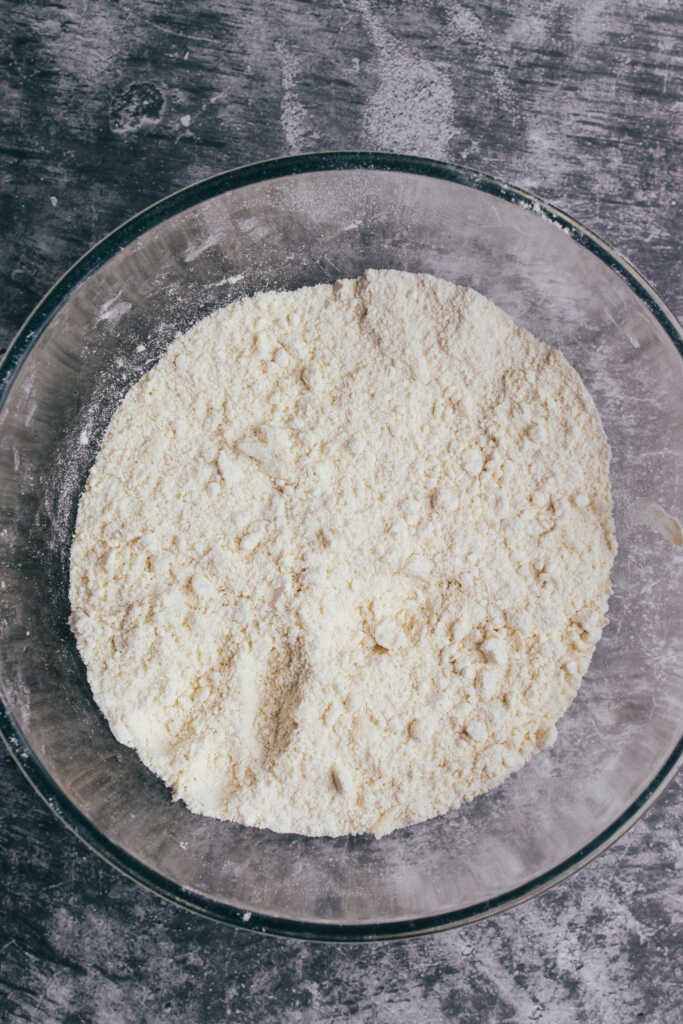 flour and butter crumbs in a bowl