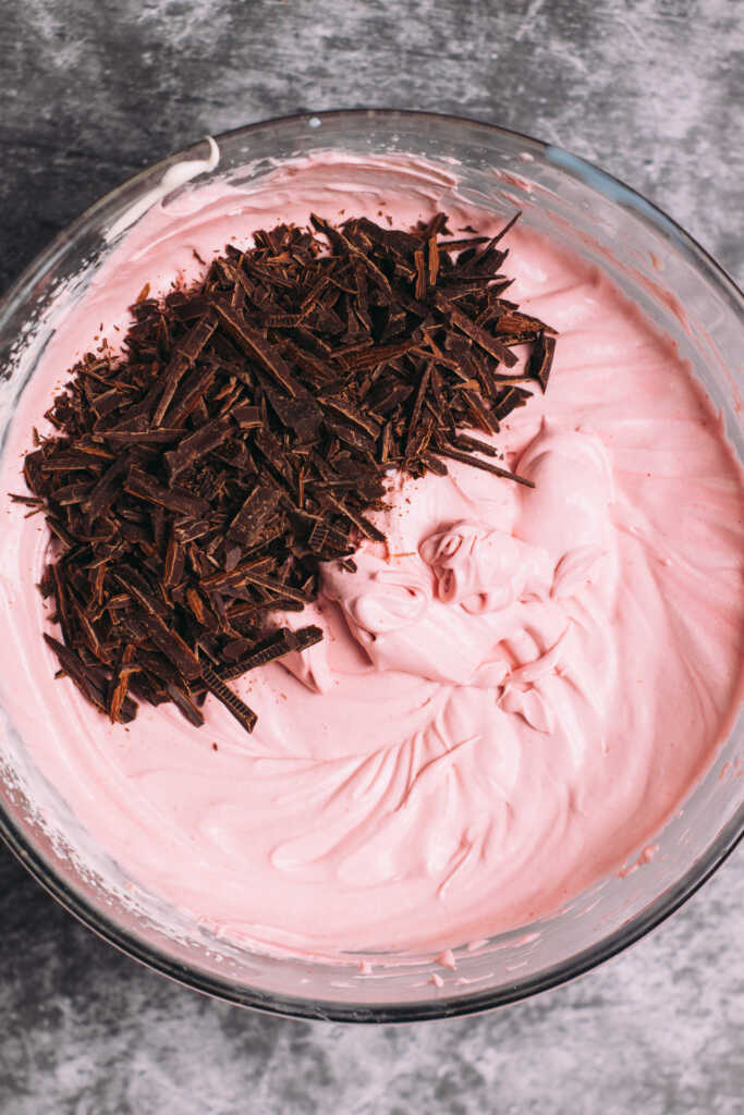 raspberry chocolate ice cream in a bowl with chopped chocolate