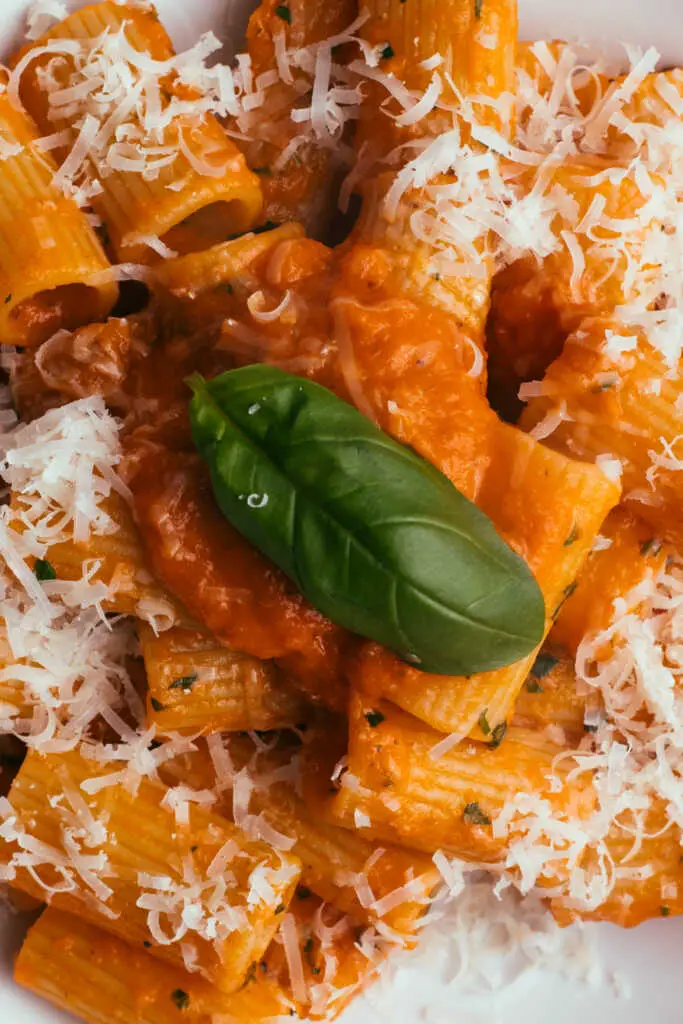 Close up of tomato butter pasta topped with parmesan and a basil leave