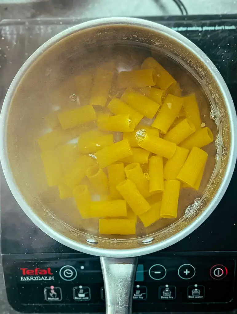 rigatoni pasta in a saucepan of boiling water