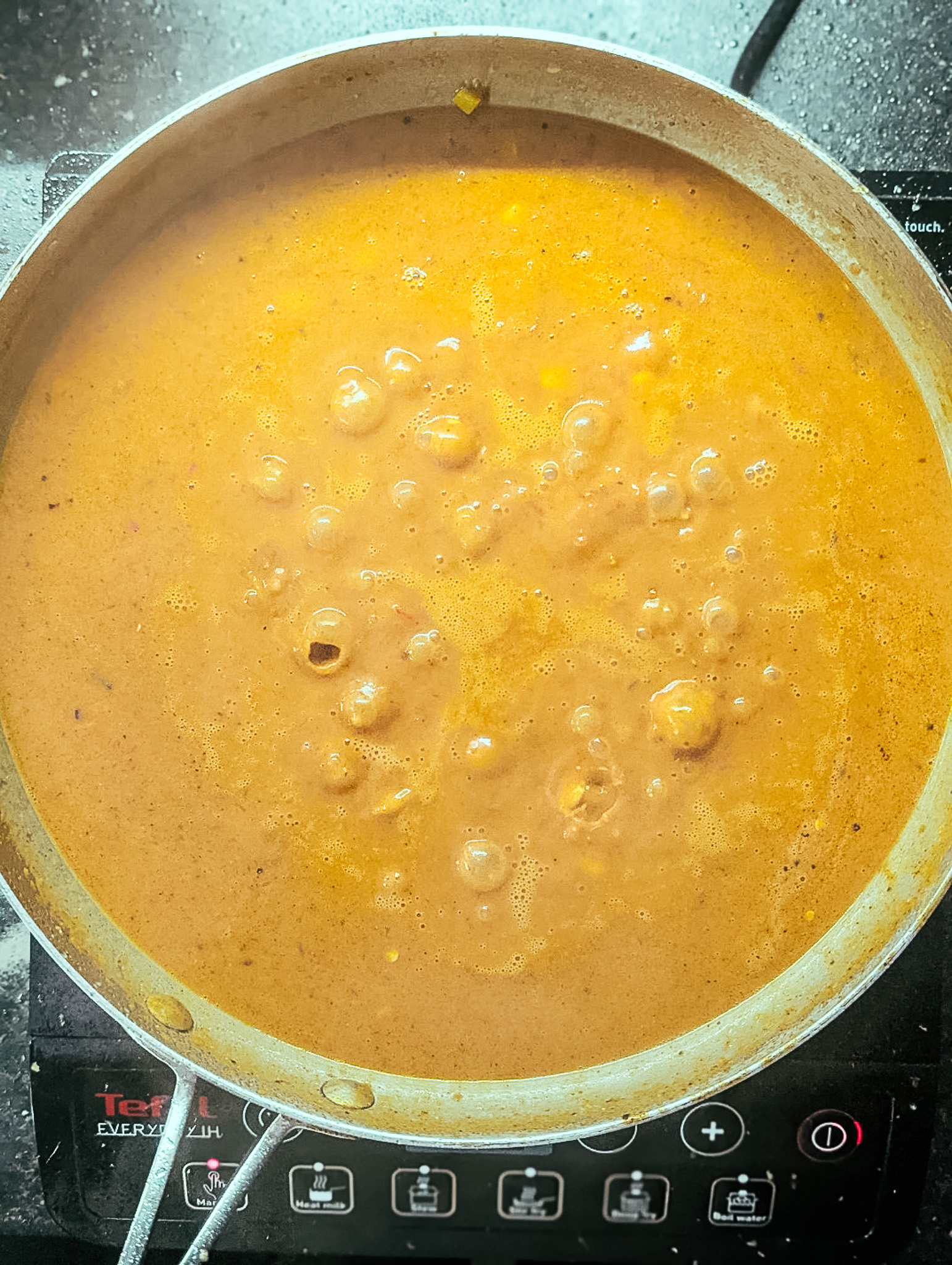 Ras el hanout curry simmering in a frying pan