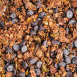 Close-up of crunchy mocha nut free granola with chocolate chips and pumpkin seeds.