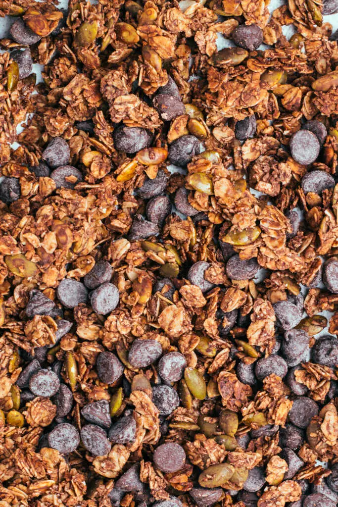 Close-up of crunchy mocha nut free granola with chocolate chips and pumpkin seeds.